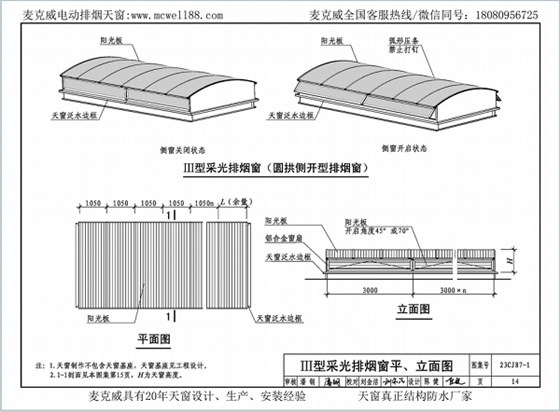 23CJ87-1采光、通風、消防排煙天窗（一）中III型側開式圓拱型電動采光排煙天窗