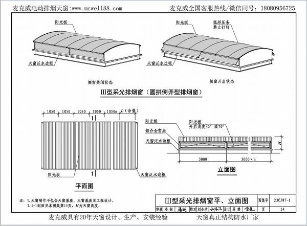 23CJ87-1采光、通風、消防排煙天窗（一）中III型側開式圓拱型電動采光排煙天窗