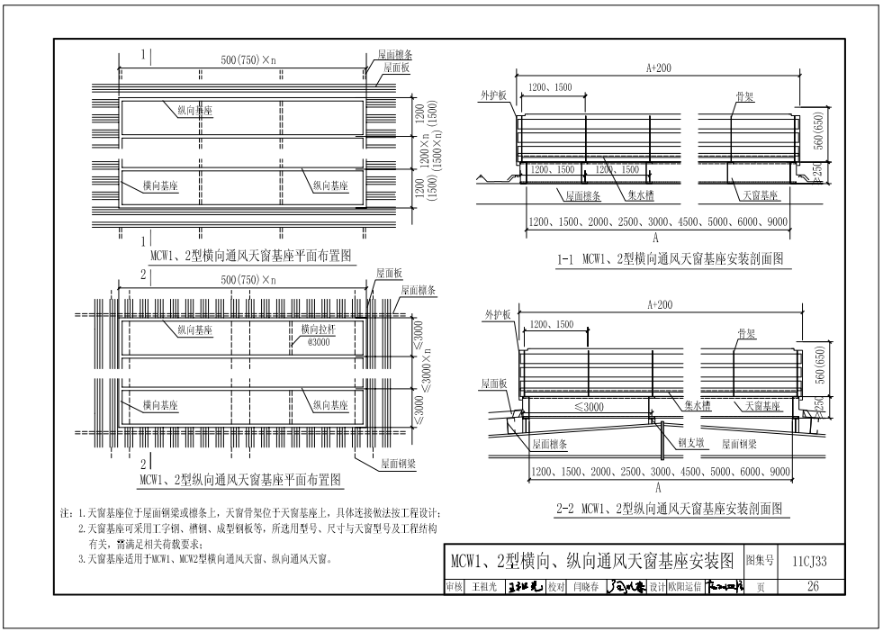 11cj33MCW1、2型橫向、縱向通風(fēng)天窗基座安裝圖